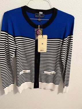 Women's Blue & Black-White Striped Zip Cardigan